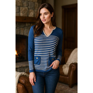 Tory Burch Odessa Merino Wool V-Neck Striped Wool Sweater Blue Small? H12151